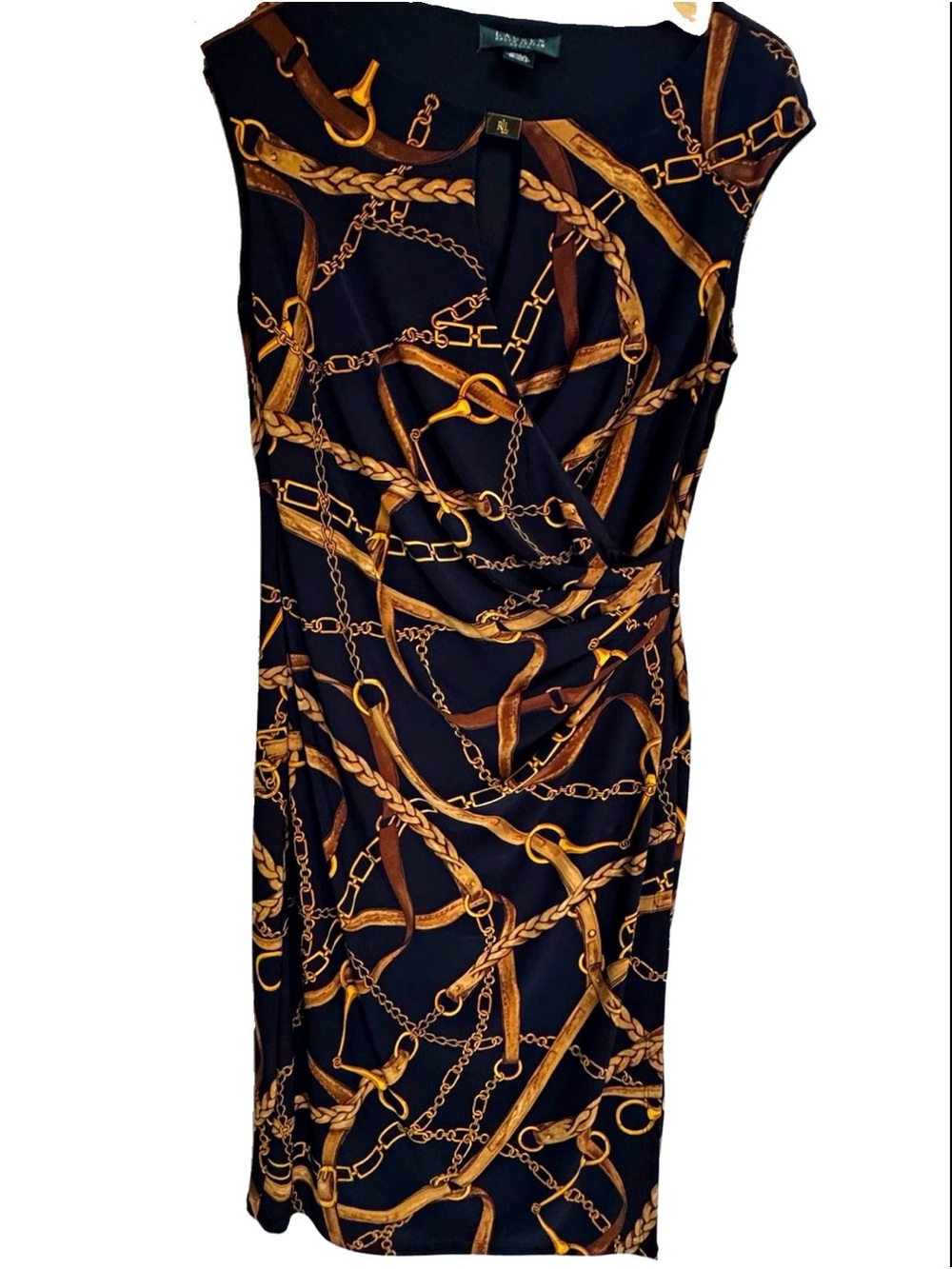 Lauren Ralph Lauren Black Midi Dress with Gold Chain Print Office Elegant size 8